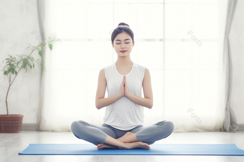 女性瑜伽瘦身室内场景盘腿坐在瑜伽垫上冥想的女人图像摄影,高清,摄影图,摄影图片,图片大全,摄影图免费下载